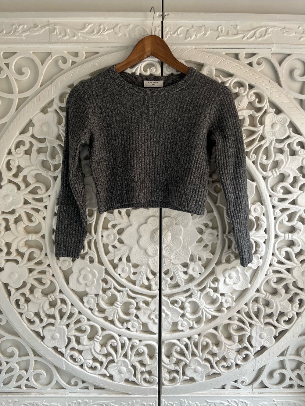 Babaton Aritzia Grey Ribbed Wool Blend Cropped Sweater XXS